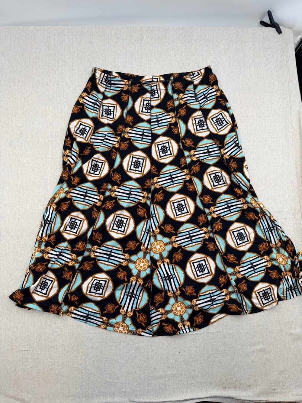 Black A-Line Skirt with Teal and Gold Medallion Print